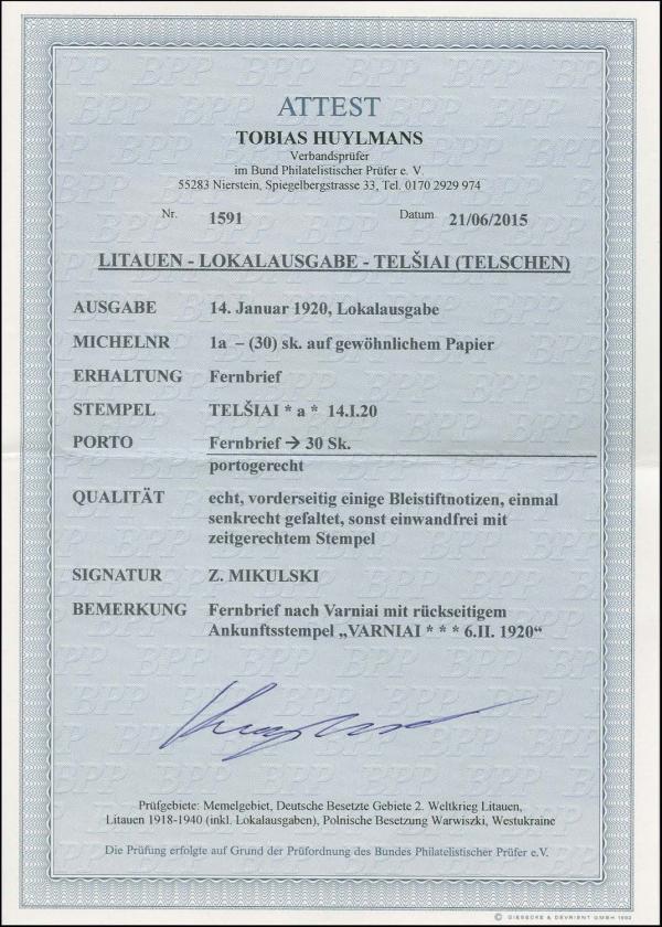 briefmarkenpruefer-tobias-huylmans-bpp-aiep-fotoattest-litauen--lokalausgabe-1919-telschen-telsia-selten-brief-dewfewds